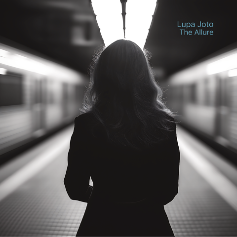 a black-white full body back view photo of a white woman of age 20-25 standing on a metro platform moving metro train on background
